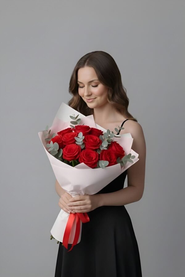 Elegant Red Rose and Eucalyptus Bouquet (10 stems) delivered same day in London by The London Bloom.