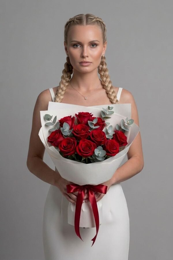 Red Rose and Eucalyptus Bouquet (10 stems) delivered same day in London by The London Bloom.