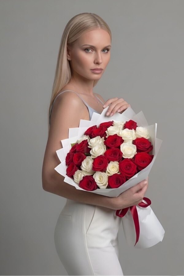 Red and White Rose Bouquet by The London Bloom featuring premium red and white roses.