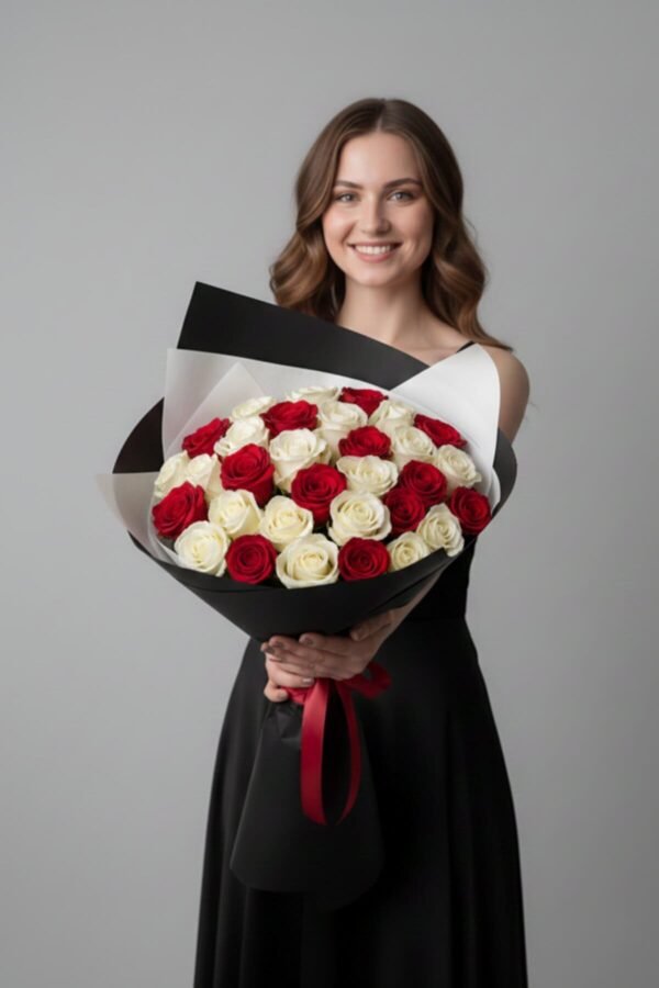 Grand mixed red and white rose bouquet (30 stems) delivered same day in London by The London Bloom.