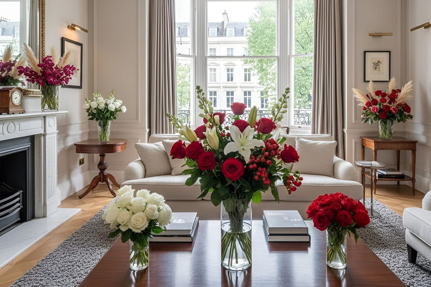 Luxury London Bloom bouquets on a stylish table in a modern, sunlit living room.