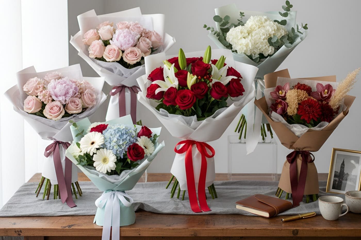 A luxurious collection of diverse floral arrangements from The London Bloom, including red roses, white lilies, and hydrangeas, displayed on a wooden table to illustrate the language of luxury and choosing the perfect bouquet.