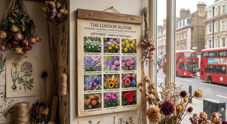 A rustic florist studio interior featuring "The London Bloom" seasonal calendar hanging on the wall, surrounded by dried roses and twine, with an iconic red London bus visible through the window.