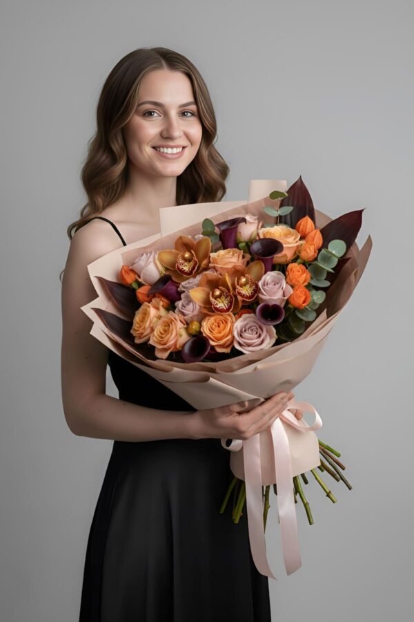Victorian Charm mixed bouquet featuring black calla lilies, brown orchids, salmon roses, and eucalyptus, delivered same day in London by The London Bloom.