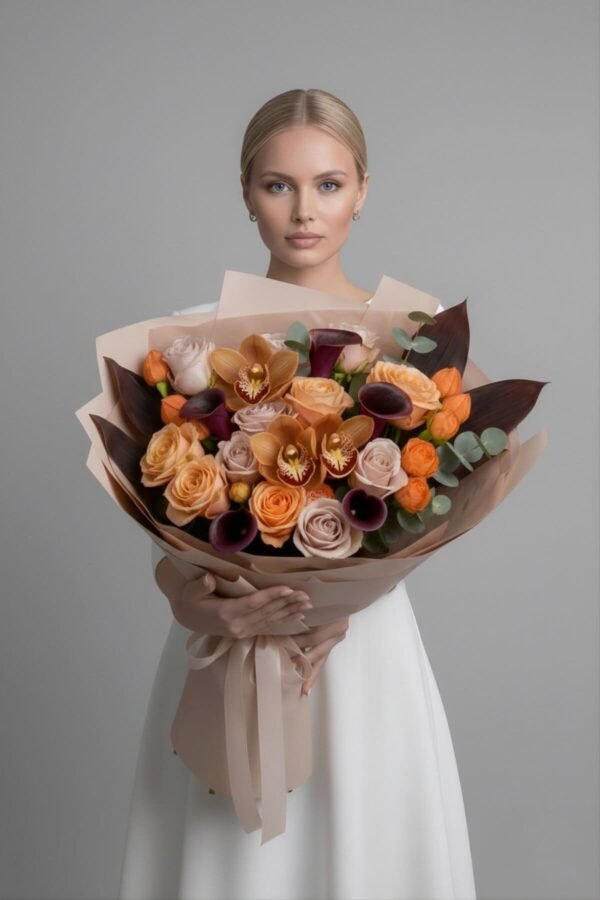 Home 6 Victorian Charm mixed bouquet featuring black calla lilies, brown orchids, salmon roses, and eucalyptus, delivered same day in London by The London Bloom.