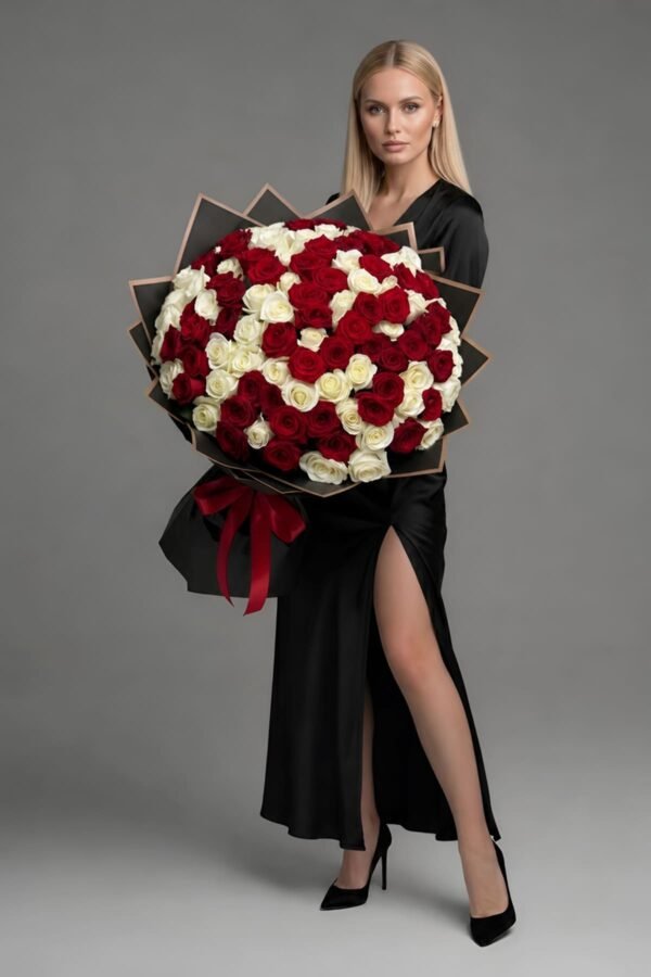 100 Red White Roses Bouquet, featuring 50 passionate red roses and 50 pristine white roses, delivered same day in London by The London Bloom.