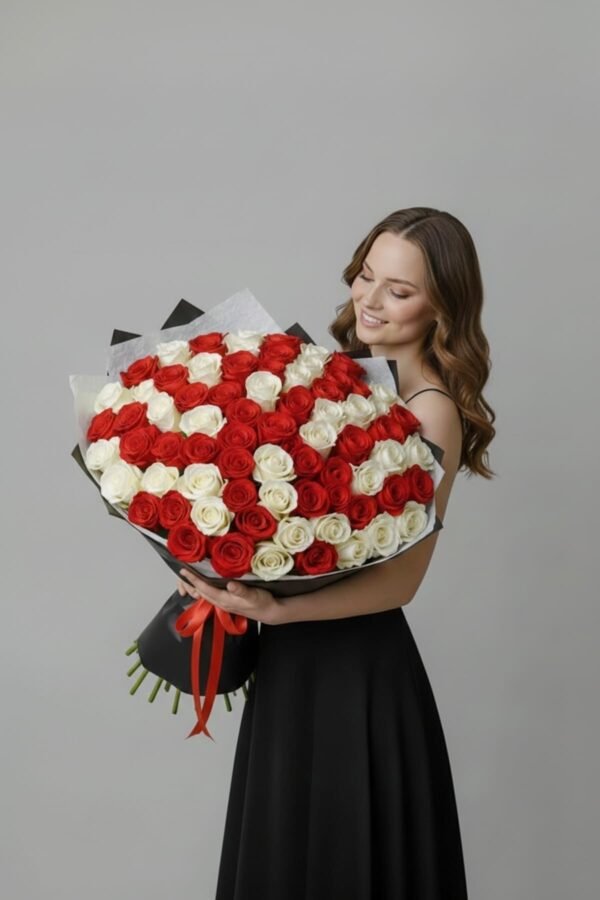 100 Red & White Roses Bouquet, featuring 50 passionate red roses and 50 pristine white roses, delivered same day in London by The London Bloom.