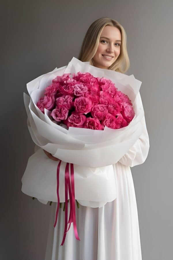 30 Country Blue Roses Bouquet featuring thirty magnificent, deep pink/fuchsia roses presented en masse, symbolizing luxury and devotion, delivered same day in London by The London Bloom.