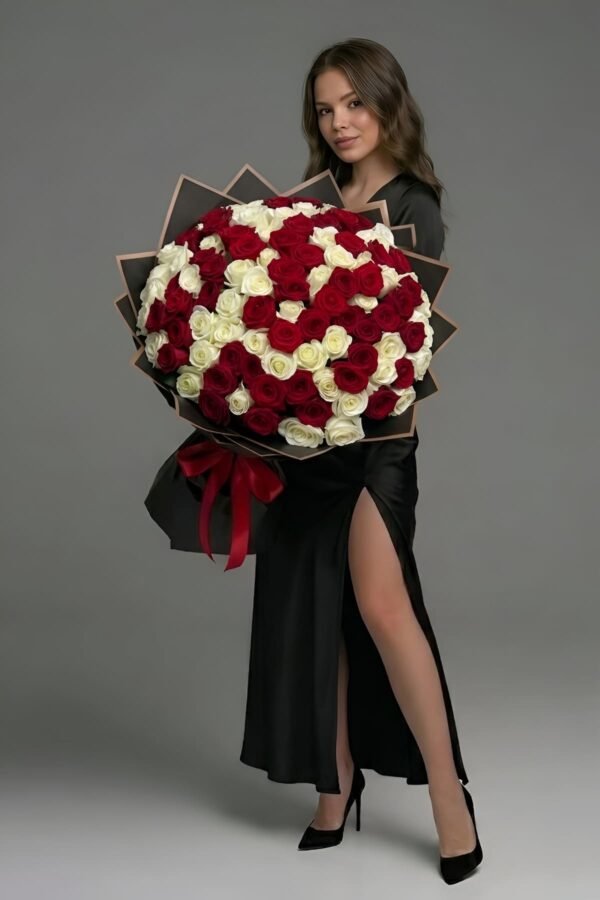 100 Red White Roses Bouquet, featuring 50 passionate red roses and 50 pristine white roses, delivered same day in London by The London Bloom.