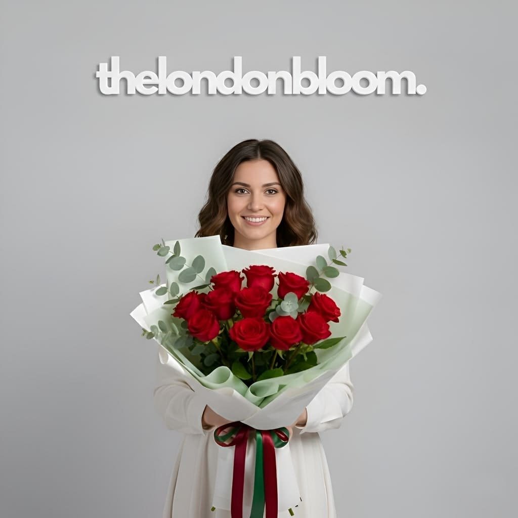 The London Bloom About Us Picture. A woman holding a nice rose bouquet under Brand name