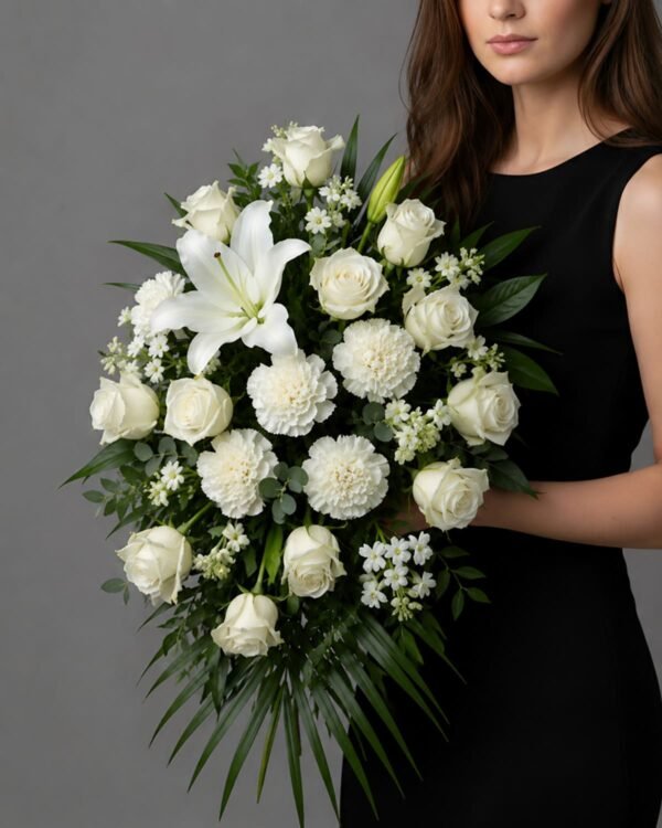 Dignified Carnation and Rose Casket Spray by The London Bloom featuring white carnations, lily and elegant white roses.