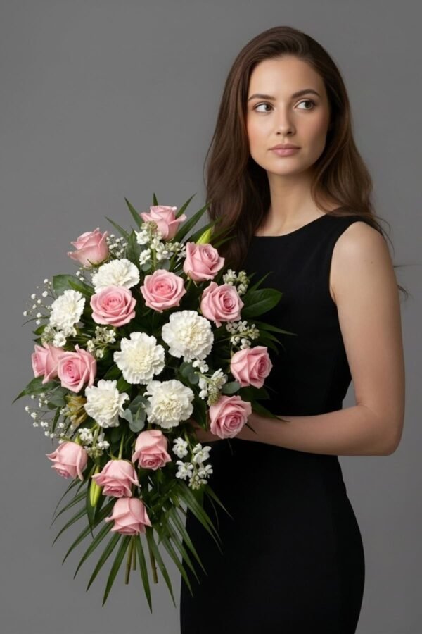 Dignified Carnation and Rose Casket Spray by The London Bloom featuring white carnations and elegant pink roses.