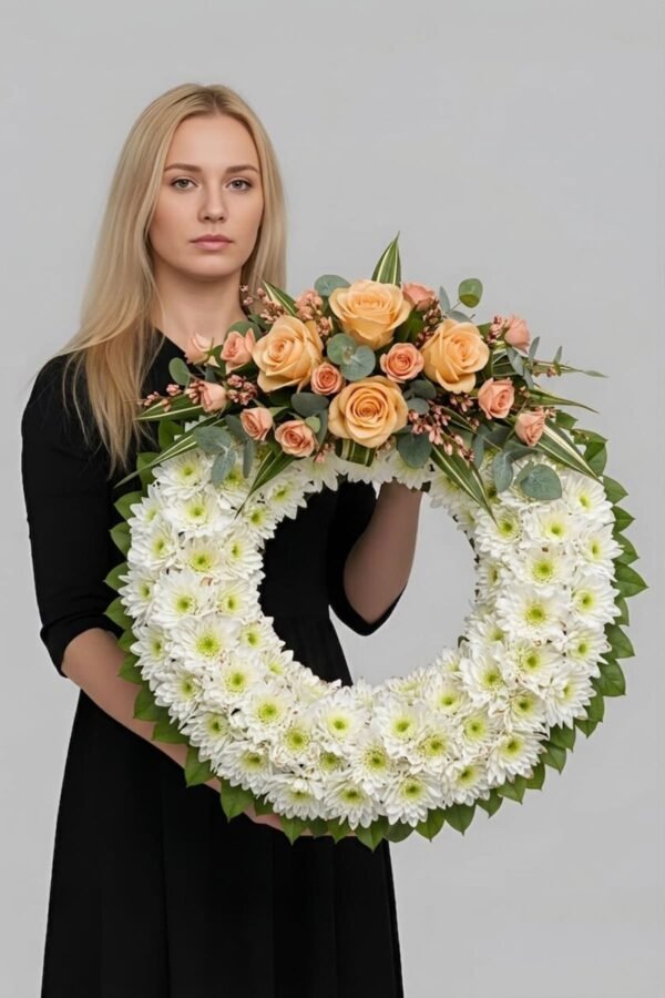 Dignified Chrysanthemum and Rose Wreath by The London Bloom featuring orange roses, delicate spray roses, and premium chrysanthemums.
