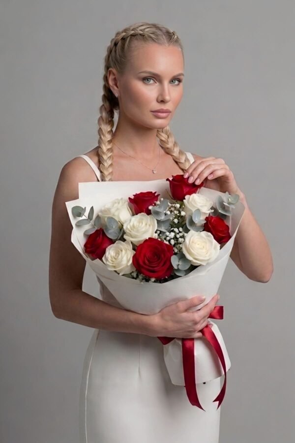 Classic Harmony Bouquet featuring 5 passionate red roses, 5 pristine white roses, and aromatic eucalyptus, presented in a crisp white wrap, delivered same day in London by The London Bloom.
