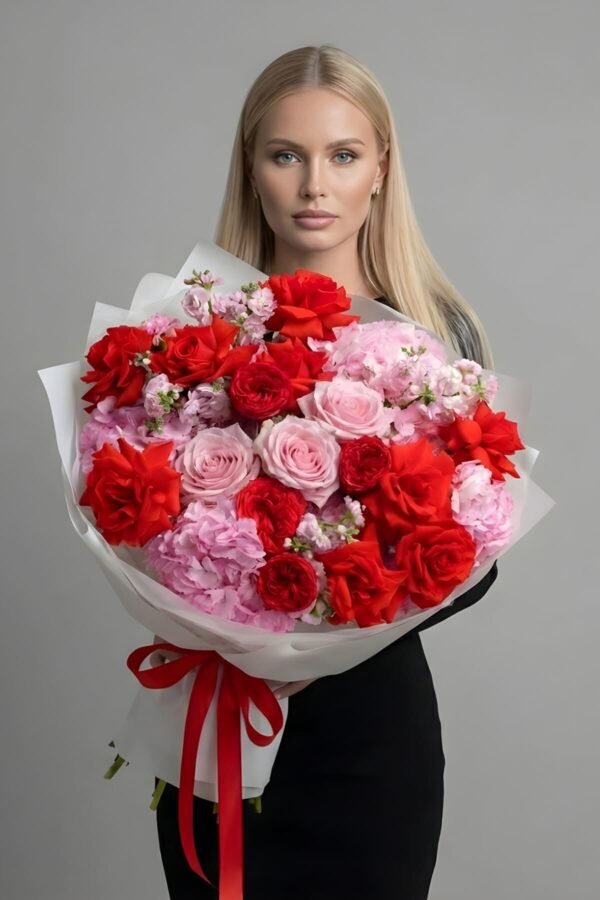 Luxury Congratulations Bouquet by The London Bloom featuring red and pink roses, pink hydrangeas, Rose Red Piano roses, and pink matthiola in premium gift packaging.