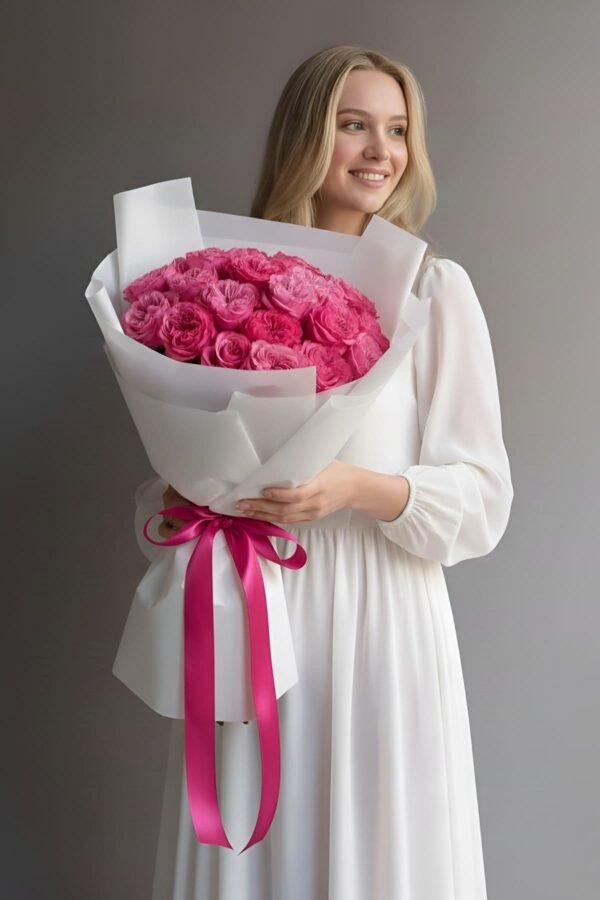 Country Blue Rose Bouquet featuring an abundance of lush, peach/pink colored roses in a single-variety arrangement, delivered same day in London by The London Bloom.