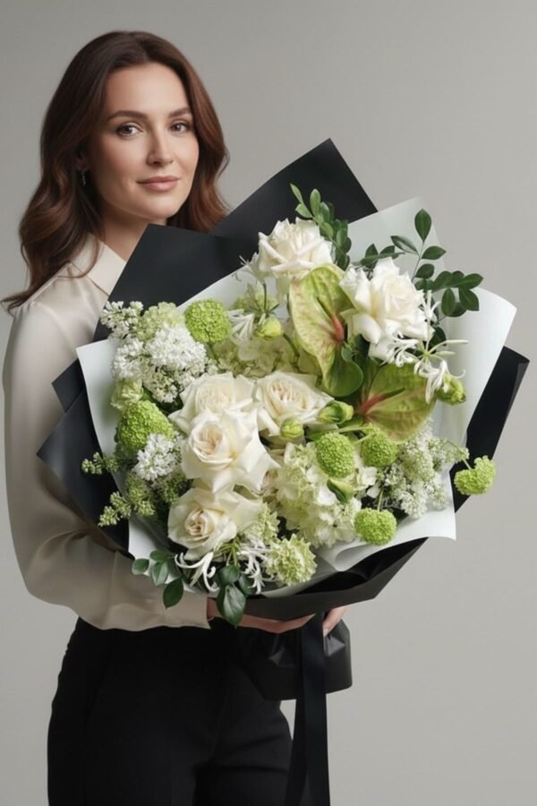 Evergreen Zenith Bouquet featuring premium Avalanche roses, white hydrangea, vibrant green anthurium, nerine, viburnum, and ruscus, creating a luxurious and textured white and green arrangement, delivered same day in London by The London Bloom.