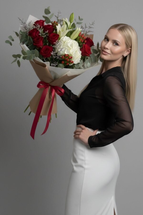 A blonde woman in a forest-green dress holding a romantic Fairy Tale Bouquet featuring red roses, white lilies, white hydrangeas, and red hypericum berries, wrapped in rustic brown paper with a red ribbon.