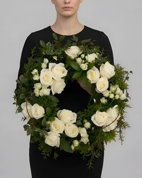 Graceful Garden of Paradise Wreath by The London Bloom featuring premium white roses and delicate white spray roses.