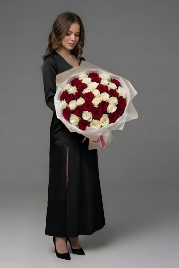 Luxury Grand Fifty Roses Bouquet by The London Bloom featuring an elegant mix of 25 red and 25 white premium roses.