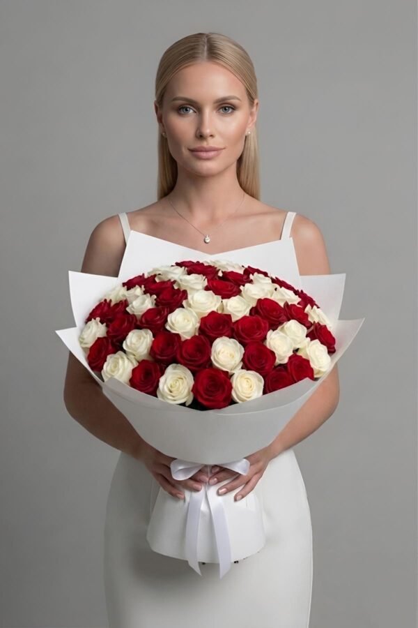 Luxury Grand Fifty Roses Bouquet by The London Bloom featuring an elegant mix of 25 red and 25 white premium roses.