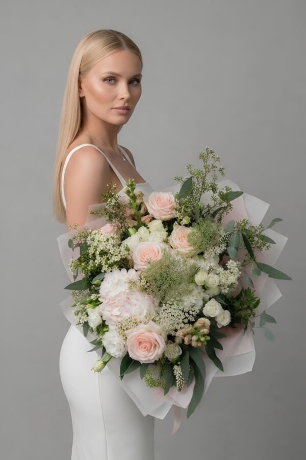 The Hydrangea and Rose Bouquet by The London Bloom featuring pink Sweet Akito roses, a large white hydrangea, and tall white snapdragons.