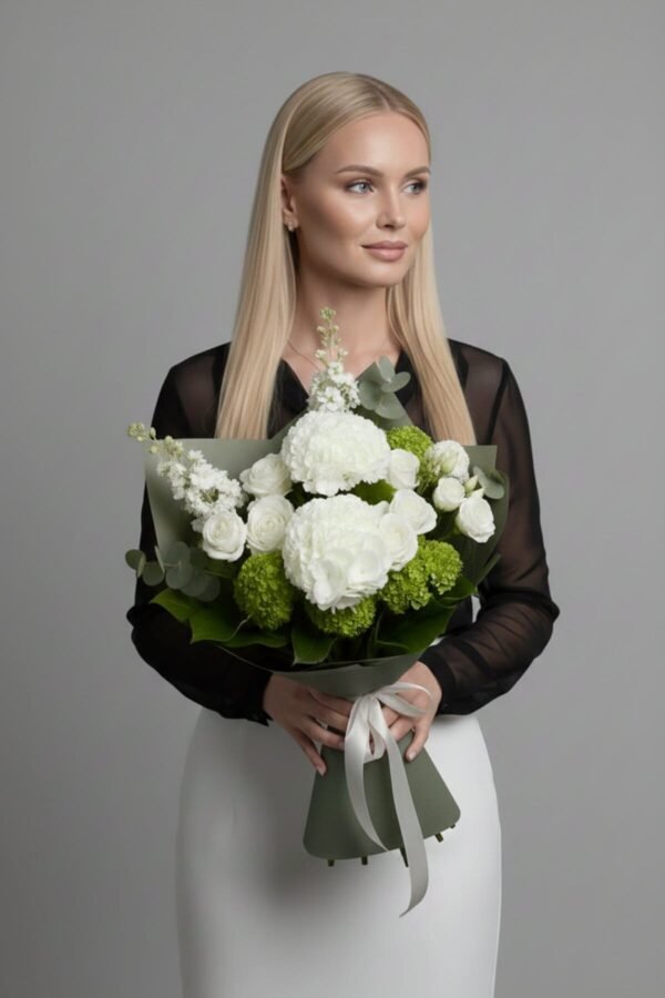 Mojito Bouquet featuring fresh white hydrangeas, white roses, white matthiola, white lisianthus, and green viburnum, delivered same day in London by The London Bloom.