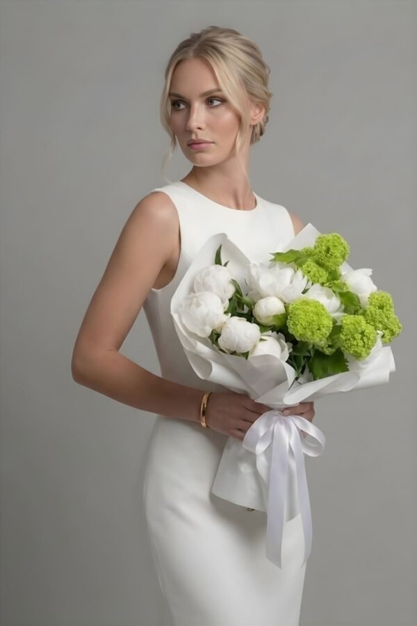 Luxury Mojito Bouquet by The London Bloom featuring white peonies, green viburnum, and fresh seasonal foliage.