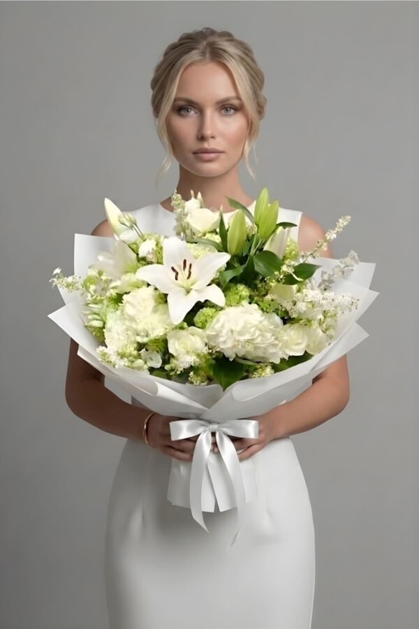 Peaceful Garden Bouquet featuring white hydrangeas, white roses, white lilies, and wax flower, delivered same day in London by The London Bloom.