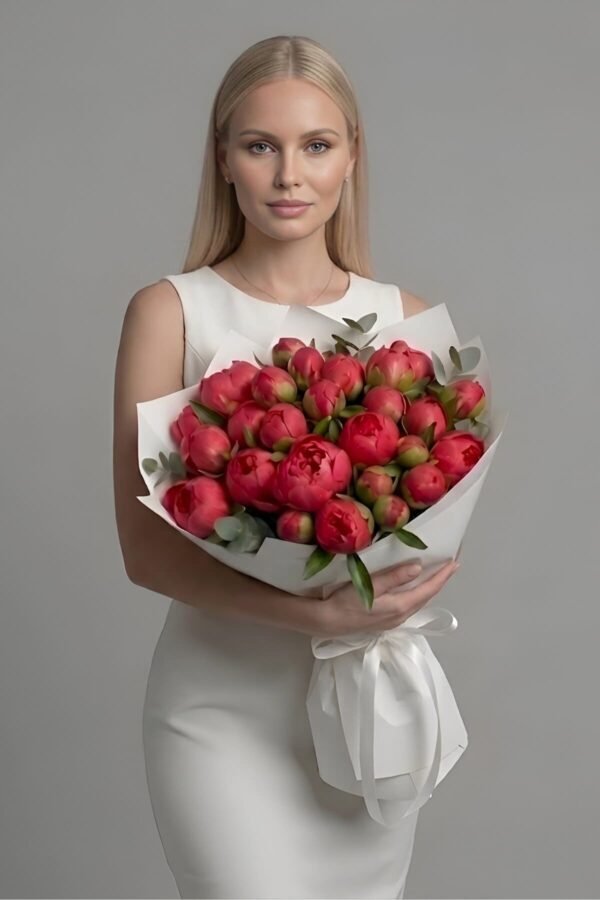 Luxury Romance Bouquet by The London Bloom featuring 24 premium red peonies in signature luxury gift wrap.