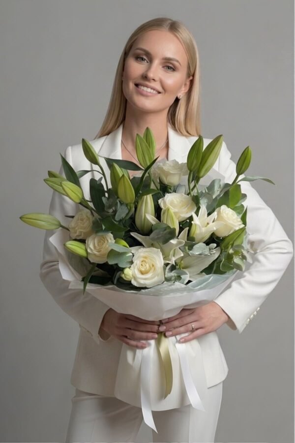 Luxury Rose and Lily Bouquet by The London Bloom featuring pristine white lilies, Avalanche roses, and fresh eucalyptus.