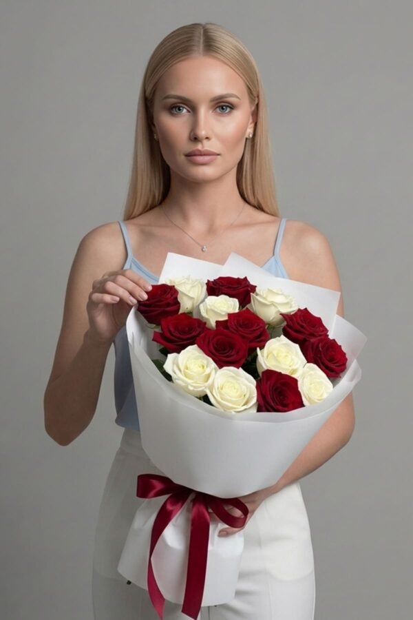 signature-contrast-bouquet-london Signature Contrast Bouquet featuring 8 passionate red roses and 7 pristine white roses, presented in chic black and white wrapping, delivered same day in London by The London Bloom.