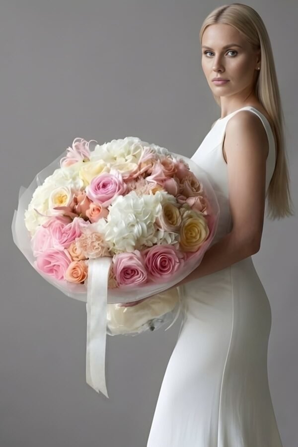 Luxury Simple Beauty Bouquet by The London Bloom featuring blush pink and white roses with white hydrangeas.