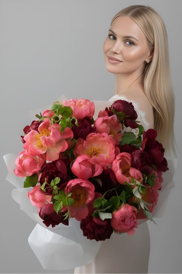 Luxury Simple Elegance Bouquet by The London Bloom featuring 12 deep red Red Charm peonies and 13 vibrant Coral Sunset peonies in premium gift wrap.