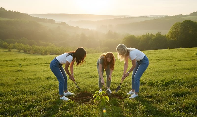 Three women are planting tree saplings as part of a social responsibility project.