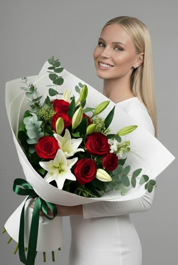 Starfall Bouquet featuring passionate red roses, majestic white lilies, tall white matthiola, and aromatic eucalyptus, delivered same day in London by The London Bloom.