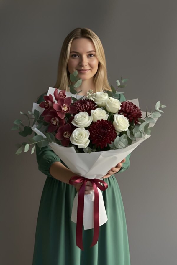 Sweet Serenade Bouquet featuring burgundy cymbidium orchids, white avalanche roses, chrysanthemums, and eucalyptus, delivered same day in London by The London Bloom.