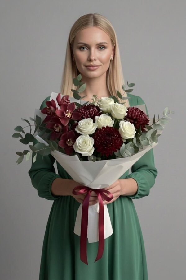 Sweet Serenade Bouquet featuring burgundy cymbidium orchids, white avalanche roses, chrysanthemums, and eucalyptus, delivered same day in London by The London Bloom.