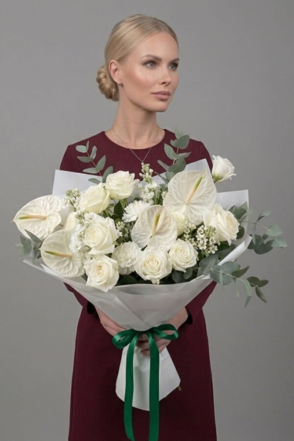 Luxury The Most Beautiful Whites Bouquet by The London Bloom featuring white anthuriums, Avalanche roses, and delicate waxflowers.