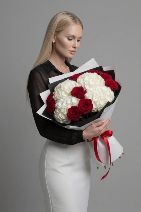 Tuxedo Contrast Bouquet featuring bold red roses, white hydrangeas delivered same day in London by The London Bloom.