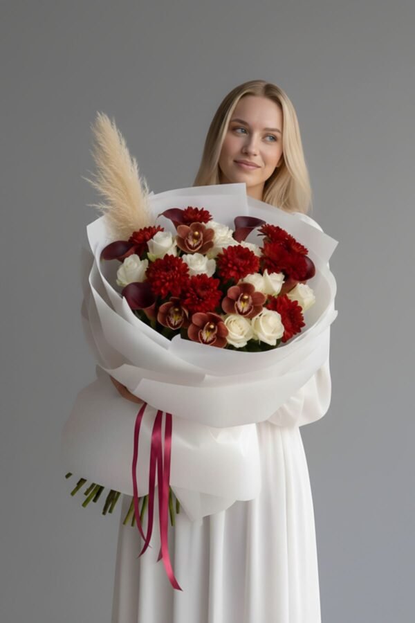 A blonde woman in a white dress holding a luxury Warm Colors Bouquet featuring white roses, burgundy orchids, red chrysanthemums, burgundy calla lilies, and pampas grass.