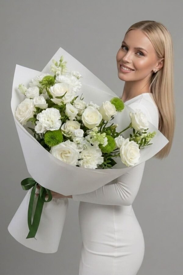 White Miracle Bouquet featuring white roses, white carnations, white matthiola, white lisianthus, and green trick dianthus, delivered same day in London by The London Bloom.