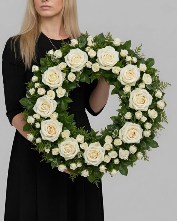 Serene White Rose Wreath by The London Bloom featuring Avalanche roses and delicate white spray roses.
