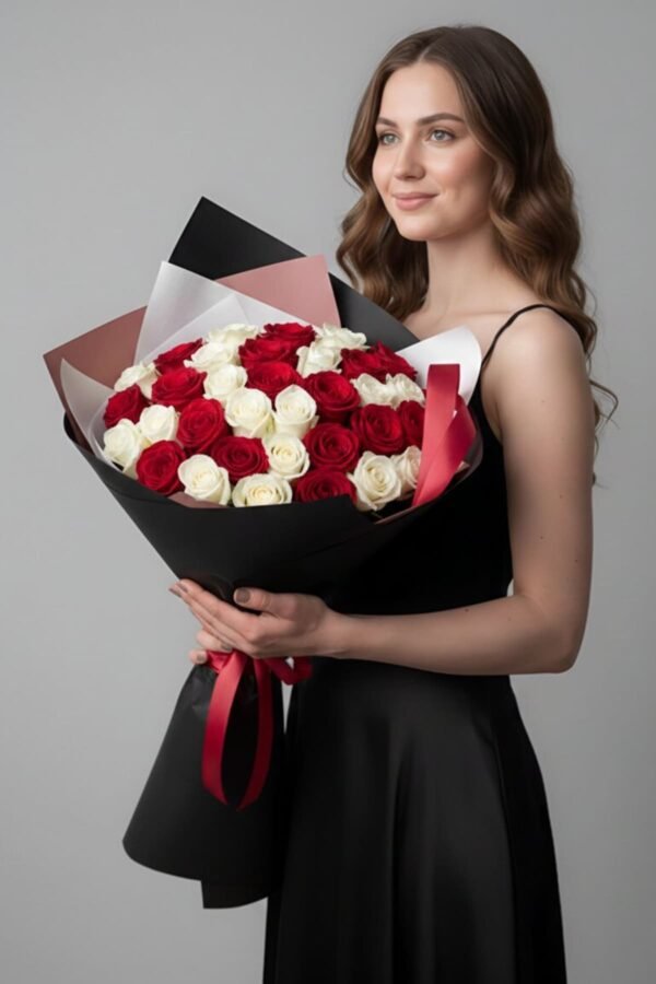 Grand 40-stem bouquet of 20 Red Naomi roses and 20 White Avalanche roses in luxury packaging by The London Bloom.