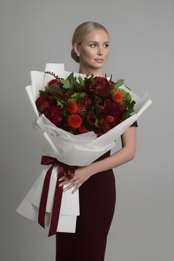 Luxury Art Bouquet by The London Bloom featuring burgundy anthurium, protea, red calla lilies, and dark red hydrangeas in a sculptural floral arrangement.