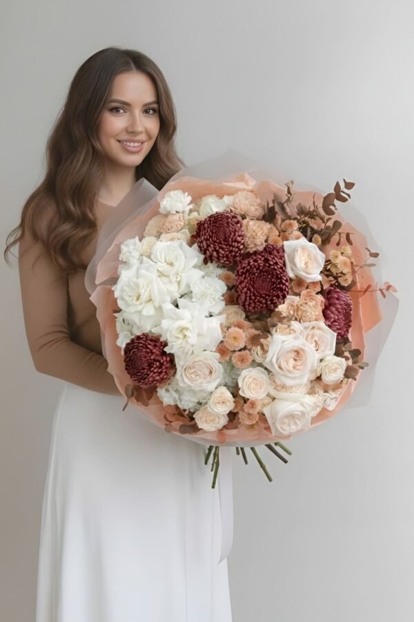 Luxury Autumn Colors Bouquet by The London Bloom featuring white roses, Peony O'Hara roses, chrysanthemums, and dried eucalyptus in premium gift packaging.