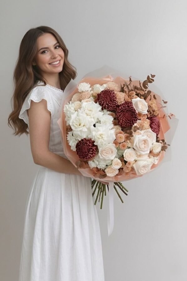 Luxury Autumn Colors Bouquet by The London Bloom featuring white roses, Peony O'Hara roses, chrysanthemums, and dried eucalyptus in premium gift packaging.