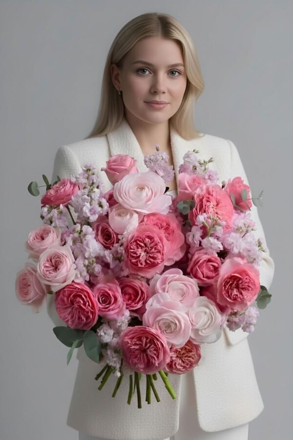 Luxury Shades of Pink Bouquet by The London Bloom featuring pink Xpression roses, ranunculus, and matthiola in premium gift wrap.