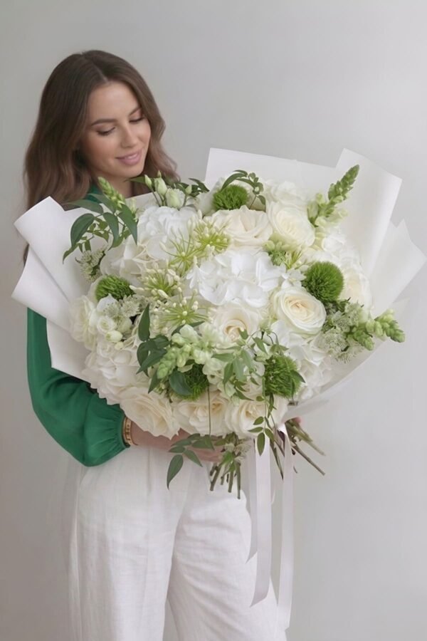 Luxury Summer Garden Bouquet by The London Bloom featuring white Avalanche roses, white hydrangeas, and fresh greenery.