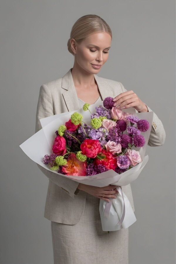 The luxury Thank You Bouquet by The London Bloom featuring large Red Coral Charm peonies, Ecuadorian roses, purple matthiola, and vibrant green viburnum foliage.